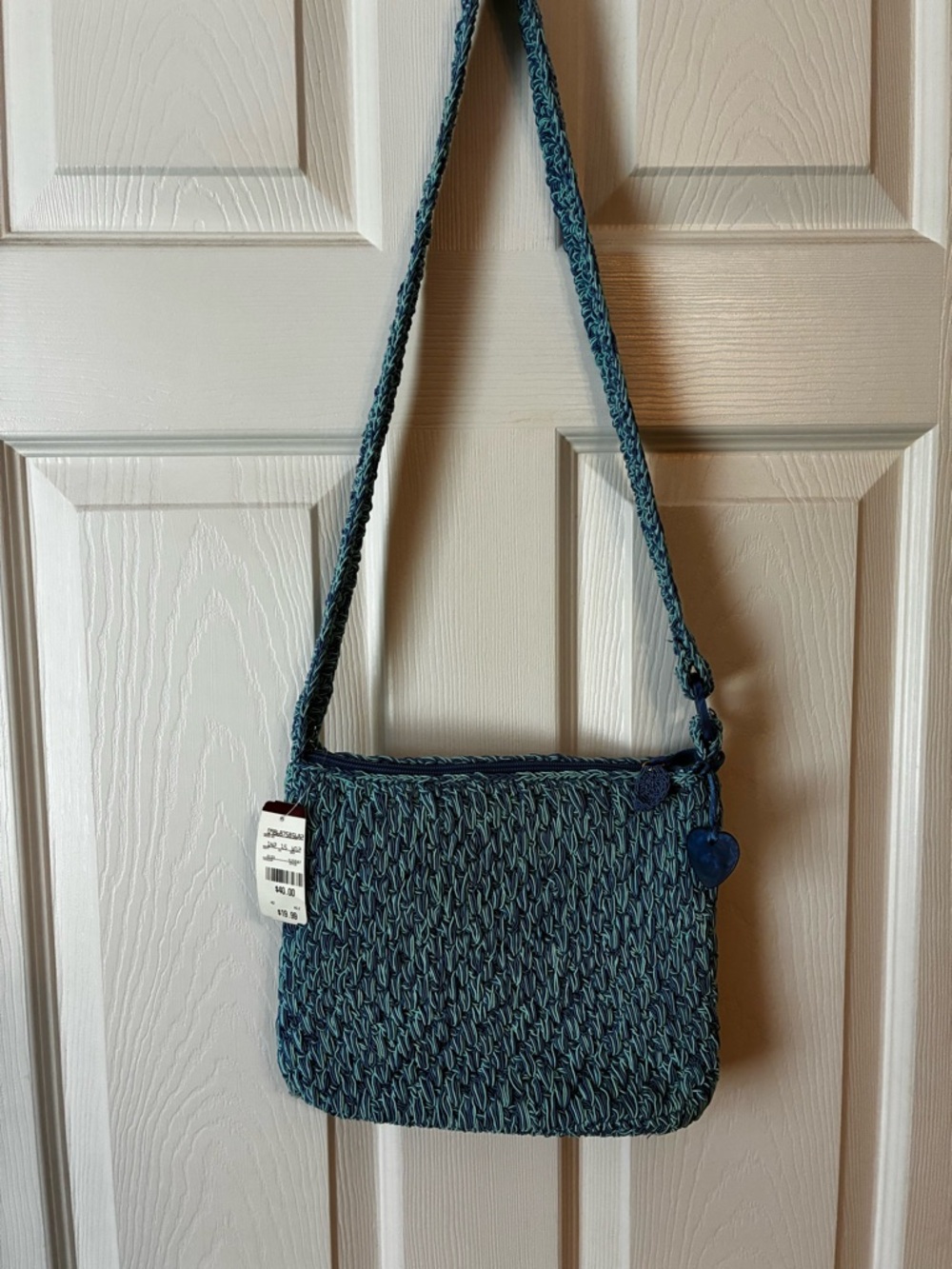 NWT Vintage Liz Claiborne Textured Teal Crochet Shoulder Bag with Heart Charm